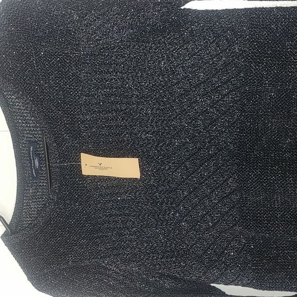 American Eagle Crewneck Ruffle Trim Blue Metallic Knit Sweater - Picture 4 of 9